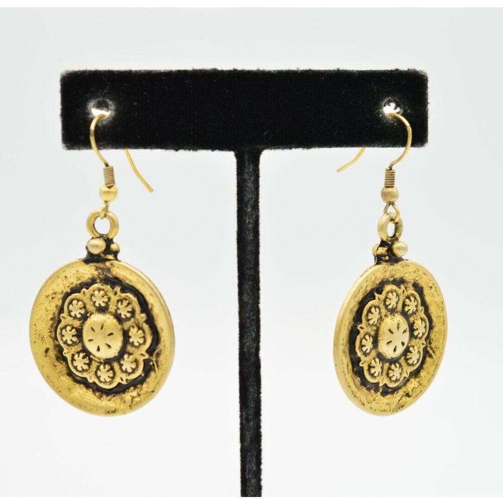 Vintage Statement Earrings Dangle Antiqued Gold Pattern Medallion NOS 1980s 9F